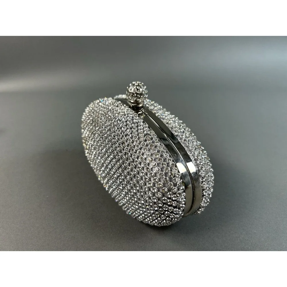 Lulu Townsend Silver Crystal Rhinestone Oval Evening Clutch Purse Chain NWT